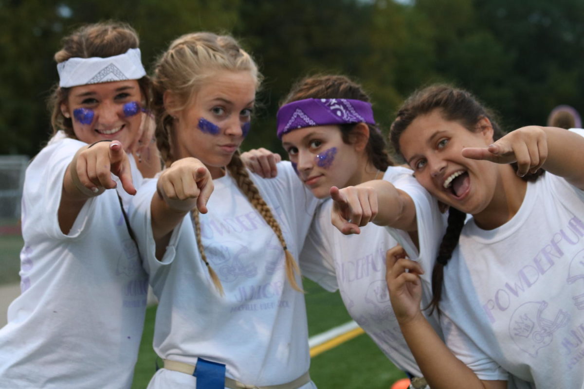 Juniors Kristen Bewen, Kira Coleman, Carly Glaser, and Melisa Muminovic pumped up for the Powderpuff Game