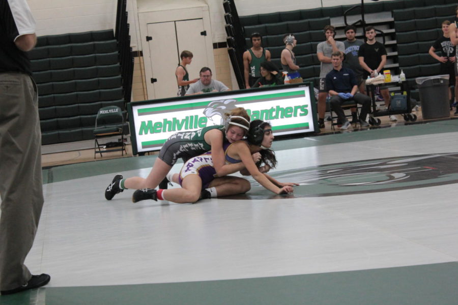 Pesselato (Green) and Alnamoora (Purple) wrestling in scrimmage.  Photo by Kyle Becherer