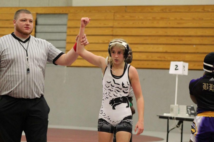 Anna Valleroy announced as winner in her wrestling match. Photo Courtesy of the Valleroy Family