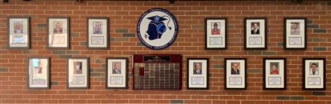 Mehlville High School Alumni Hall of Fame inductees on display by the library
