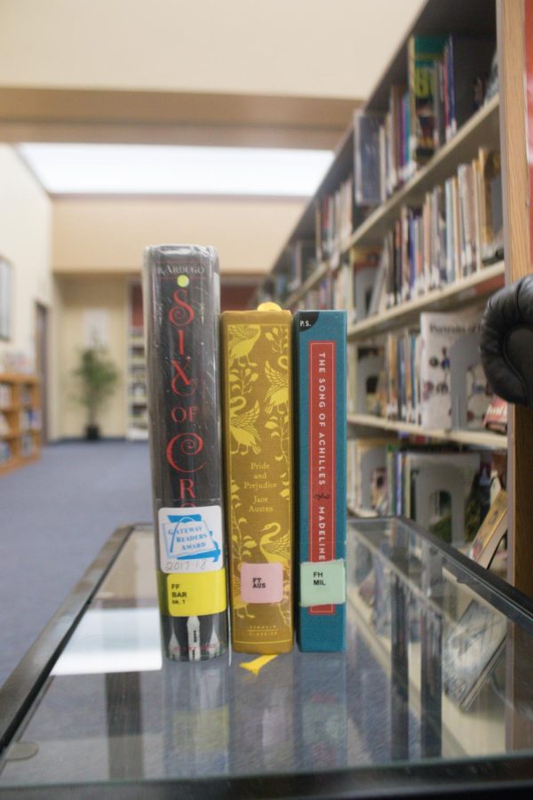 Books from the Mehlville High School library, including 
