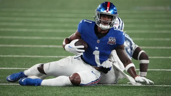 Giants rookie Wide-Receiver Malik Nabers is taken down after an amazing catch