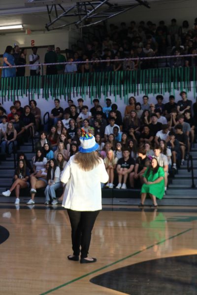 Head Principal Roseann Bruns addresses students during the back to school pep rally held on Aug. 18.