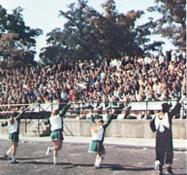 Cheerleaders perform for the students at the Homecoming Pep Rally in 1971.